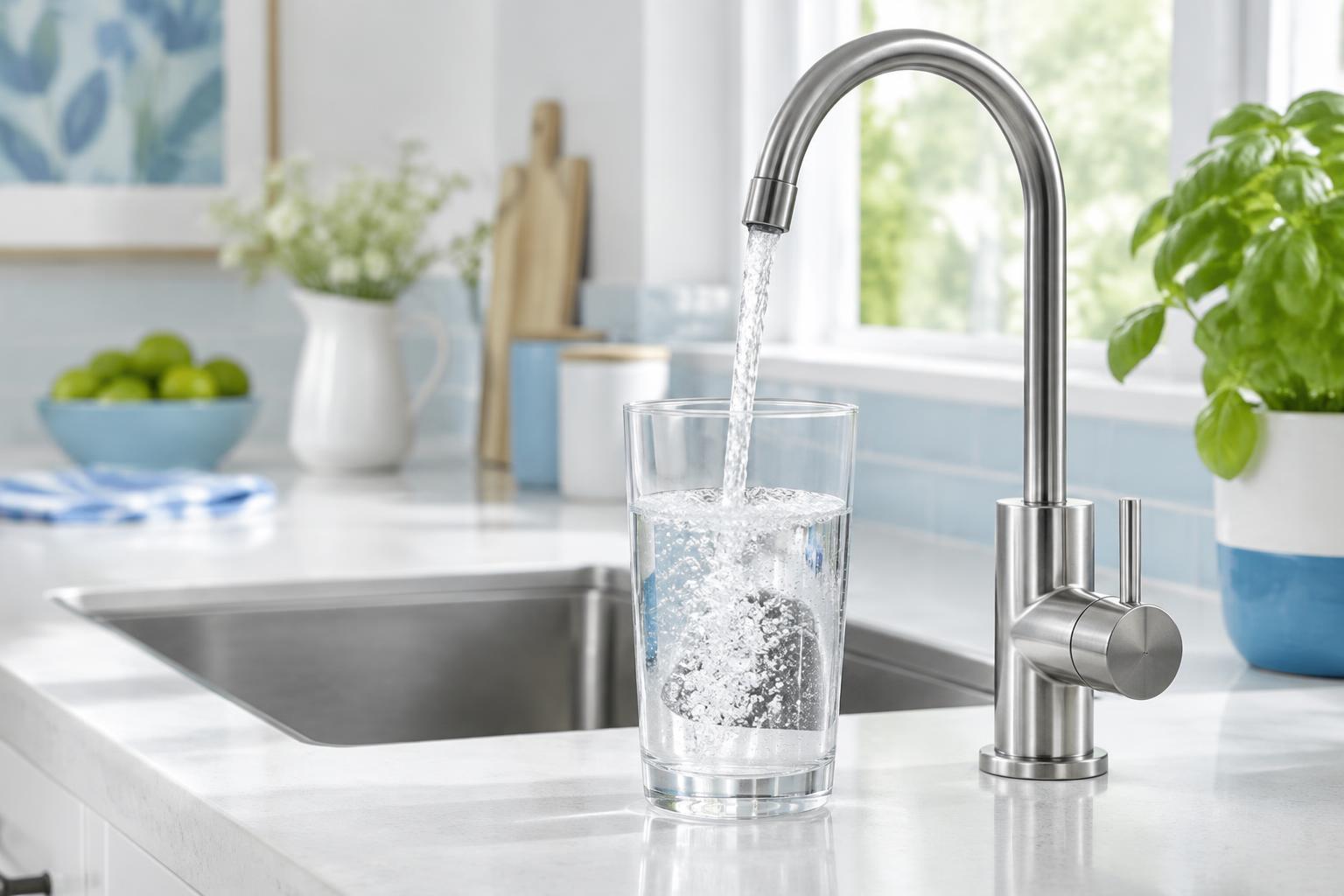Clear water pouring from a reverse osmosis faucet